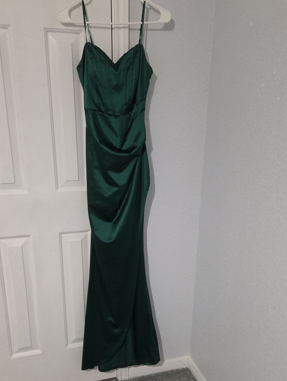 Honey and Rosie Deep Emerald Satin Maxi Dress with Spaghetti Straps